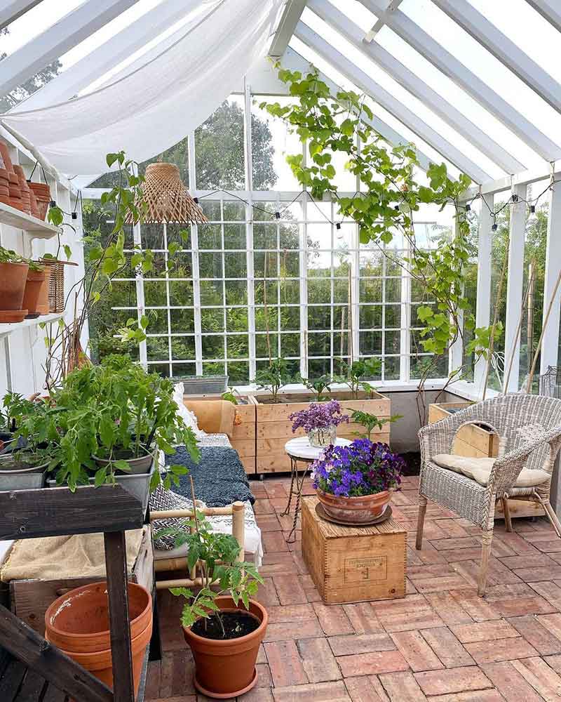 A greenhouse filled with seating.