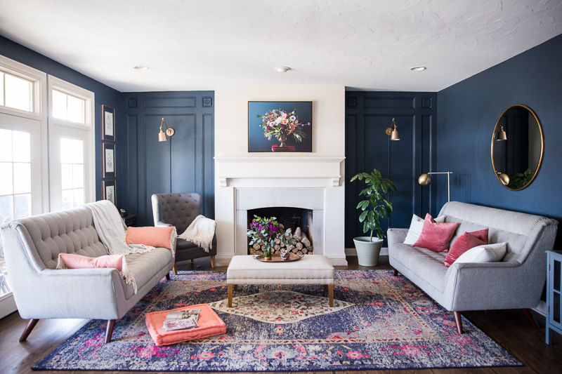 navy and pink living room