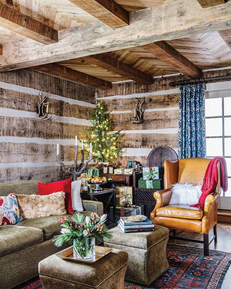 Log cabin Christmas living room