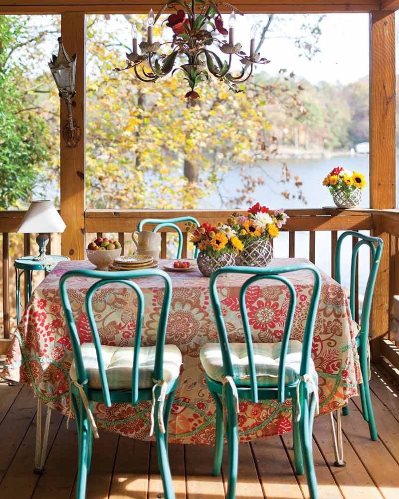 Thanksgiving table by the lake - blue accent chairs