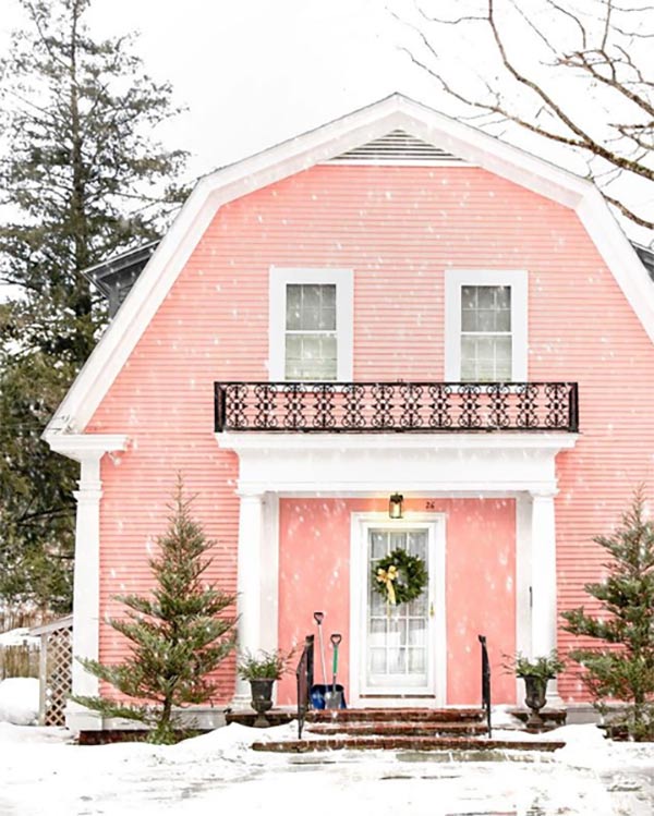 Pink house in the snow
