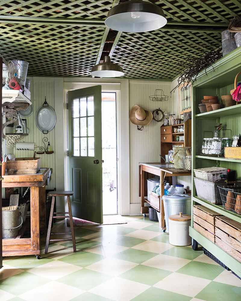 garden shed with green checkered floors