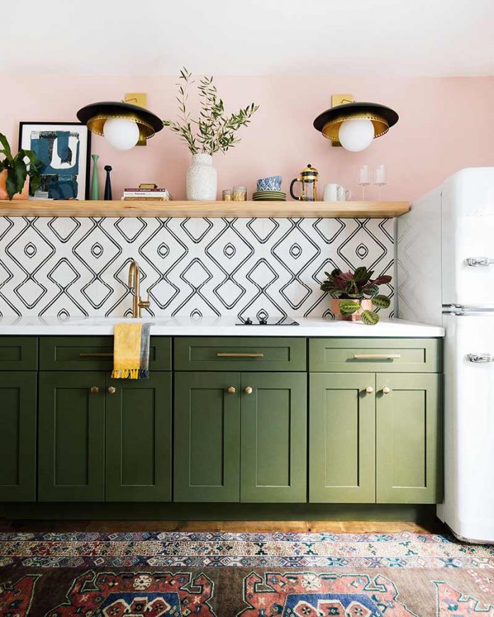 kitchen with olive green lower cabinets, and pattered tile backsplash