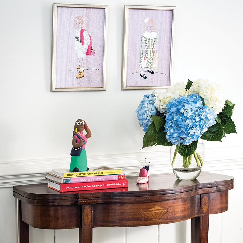 accent table and hydrangeas