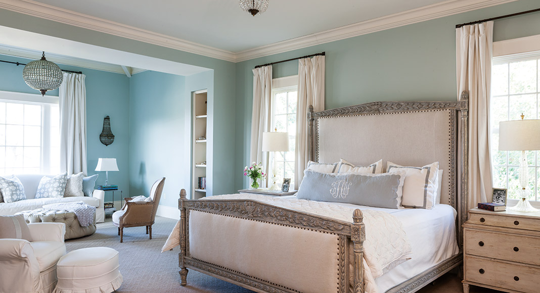 French-style light blue and white bedroom