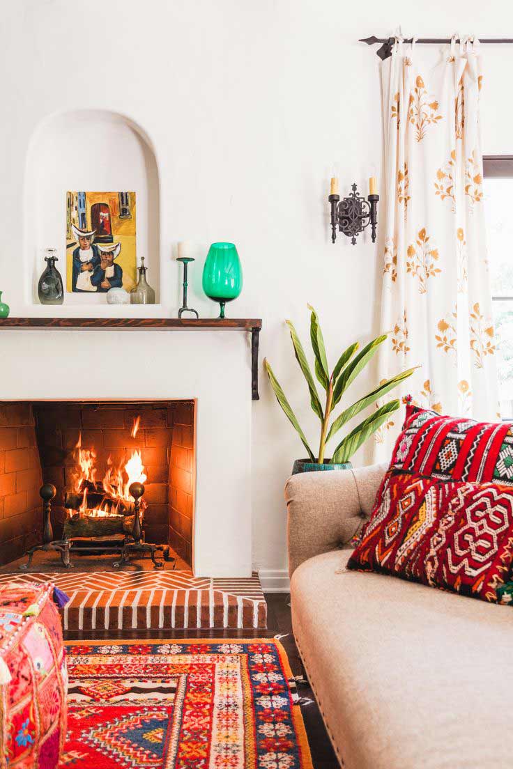 cozy home, fireplace, and bohemian decor