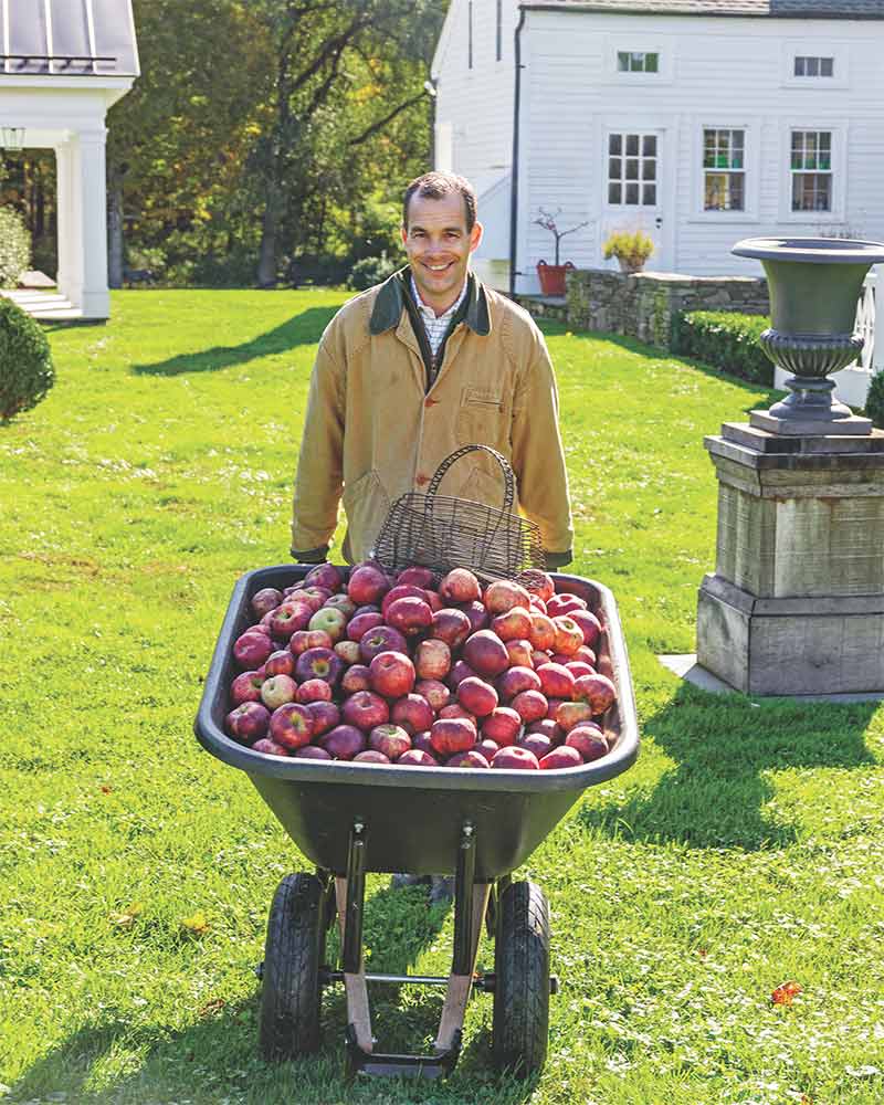 Christopher Spitzmiller with a wheelbarrow full of apples from his orchard. 