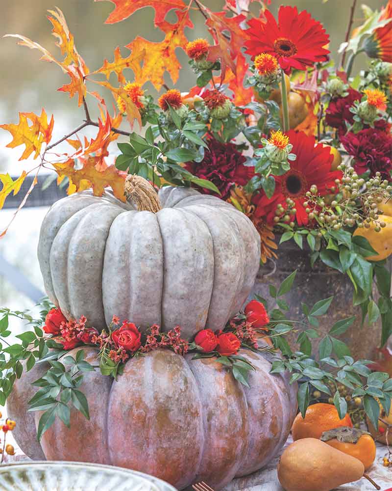 A close-up of stacked pumpkins and scattered fruit used to decorate the center of the table. 