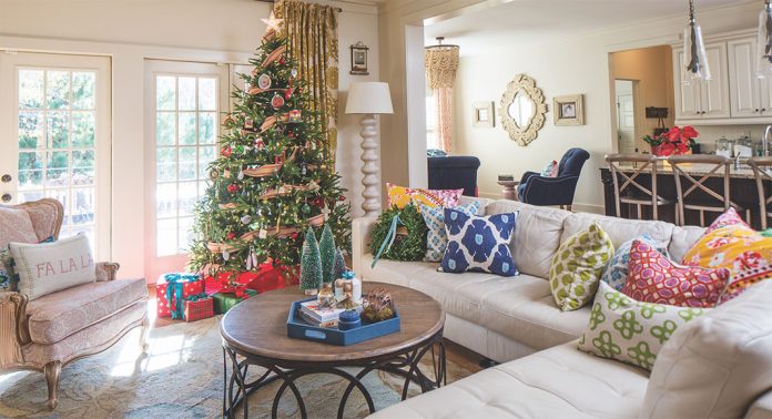 A living room decorated for Christmas.