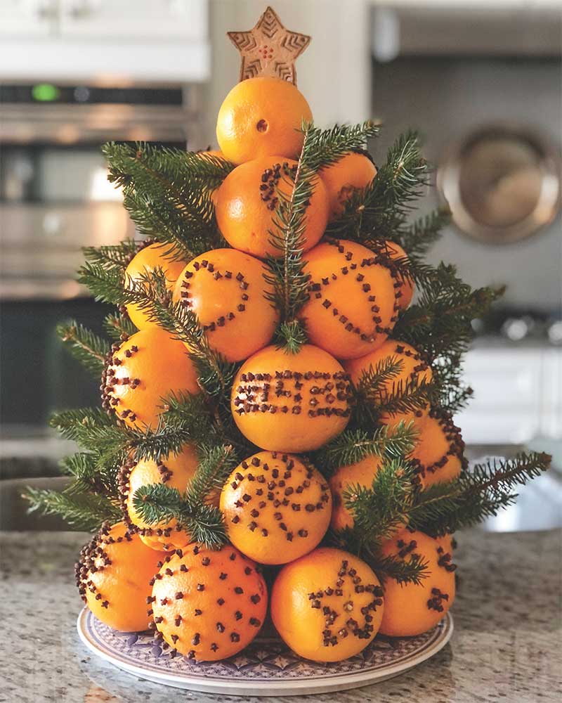 A tree display crafted out of pomanders. 