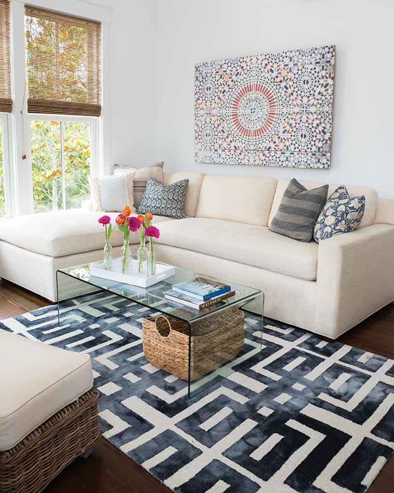 A living room decorated with colorful modern accents.
