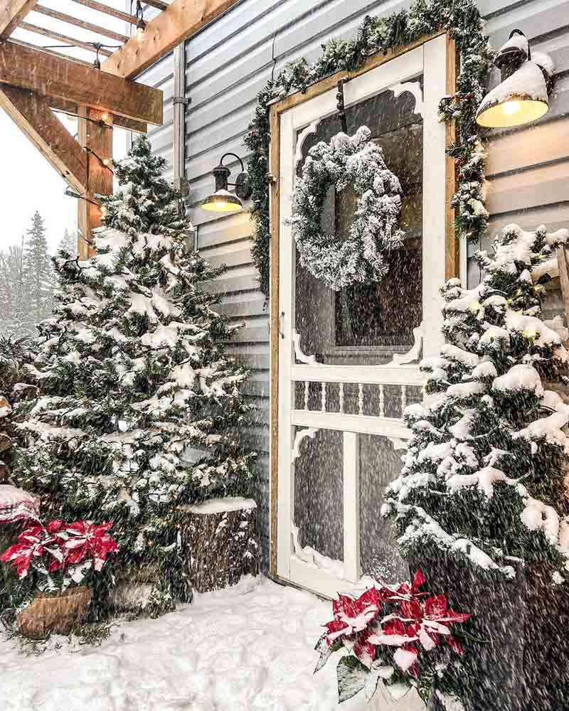 An entry with snow-covered trees flanking the doorway. 