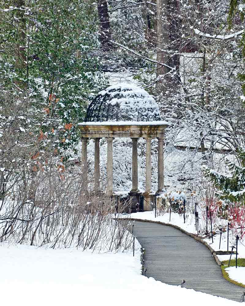 A snow-lined walkway leading to a small pavillion.