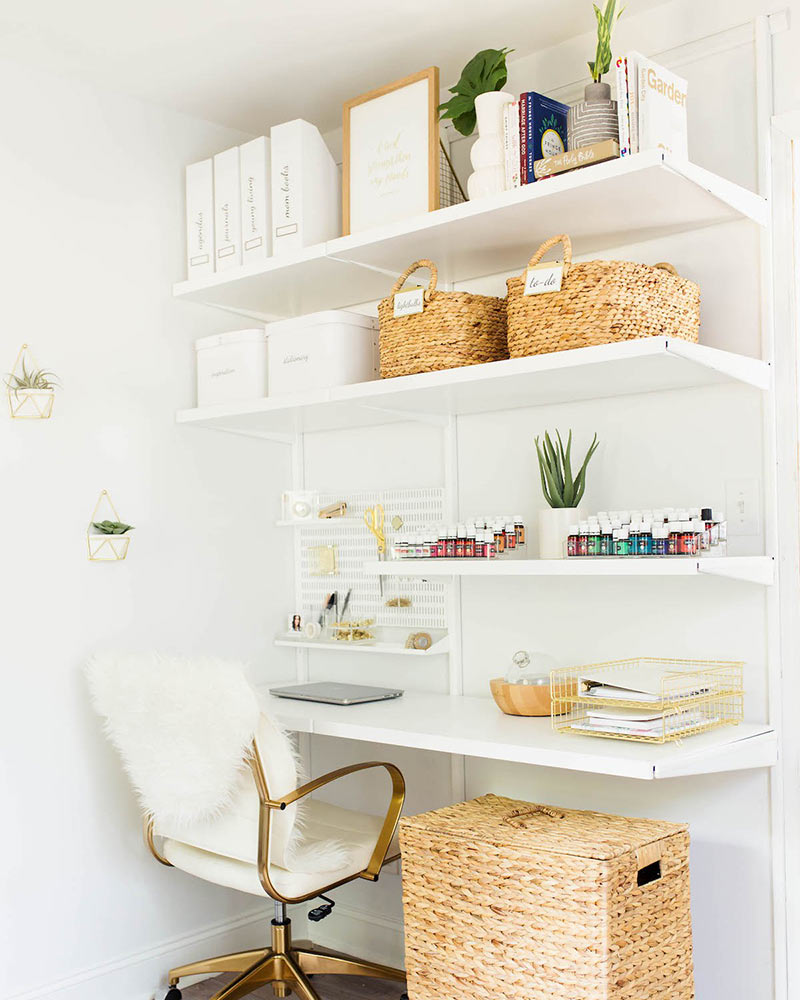 An at-home office with a neutral palette and woven accents.