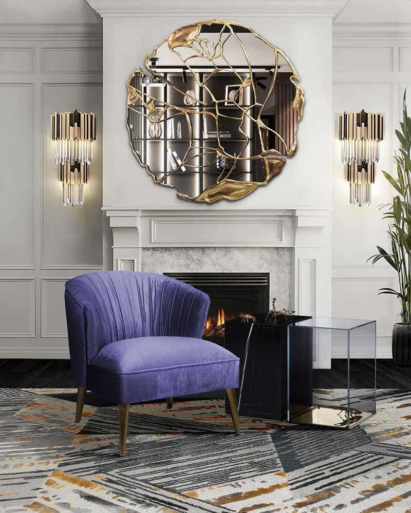 A contemporary style living room with a purple chair.