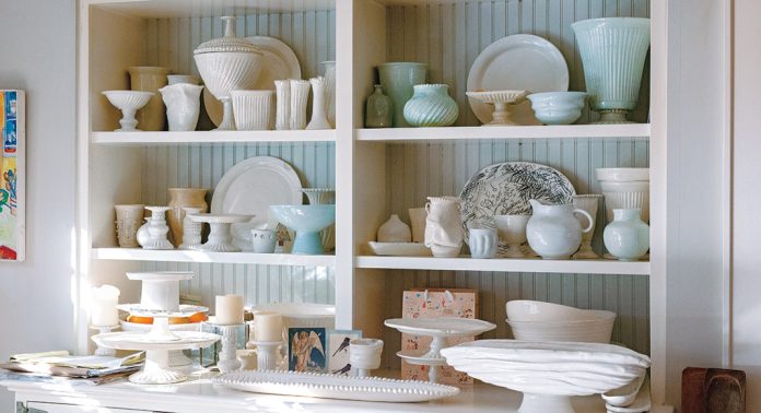 A shelf featuring pottery by Frances Palmer