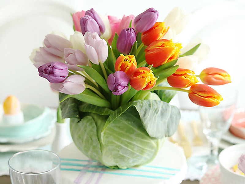 A head of lettuce used as a vase for tulips.