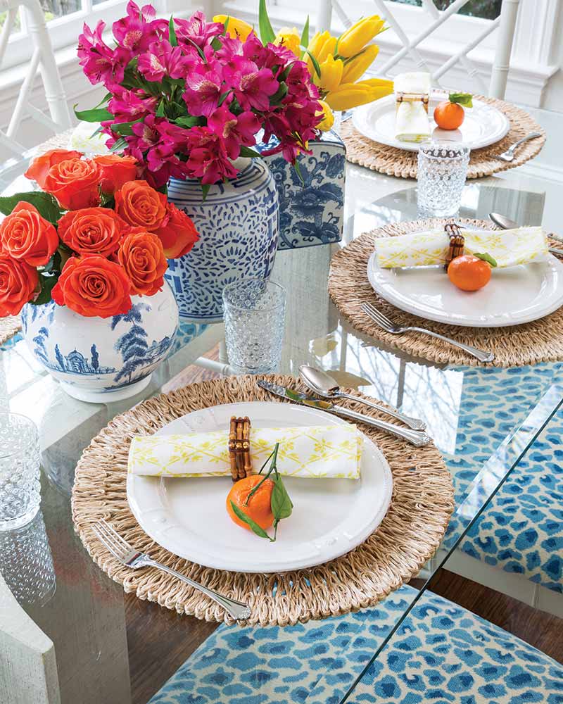 A tabletop with blue-and-white chinoiserie vases.