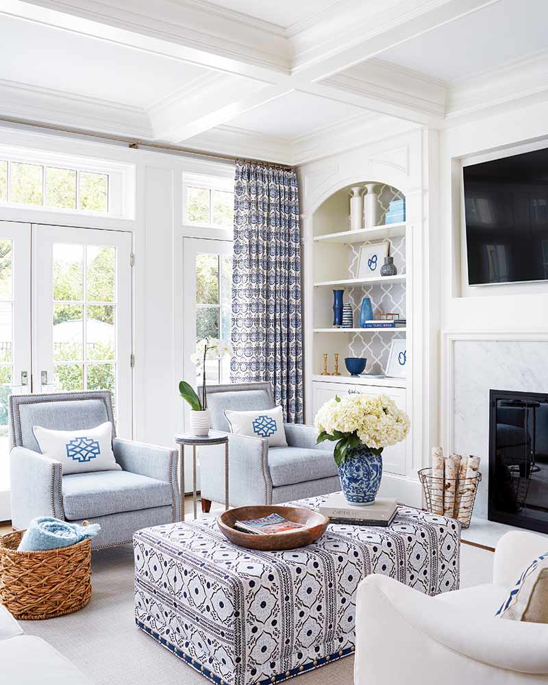 A blue and white living room.