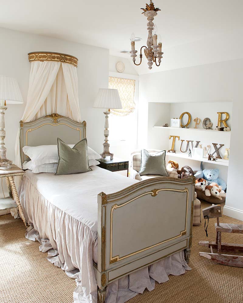 A kids room decorated in French style.